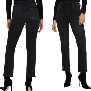 Good American Jeans Good Classic Straight Leg High Waist Ripped Stretch Black 10